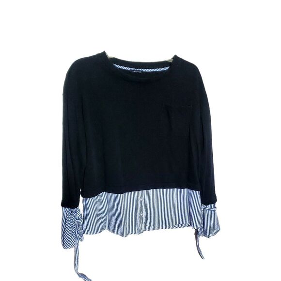 Layered Look Pinstriped Sweater Size L Mixed Media Wrist Tie Detail Chic - Picture 2 of 16